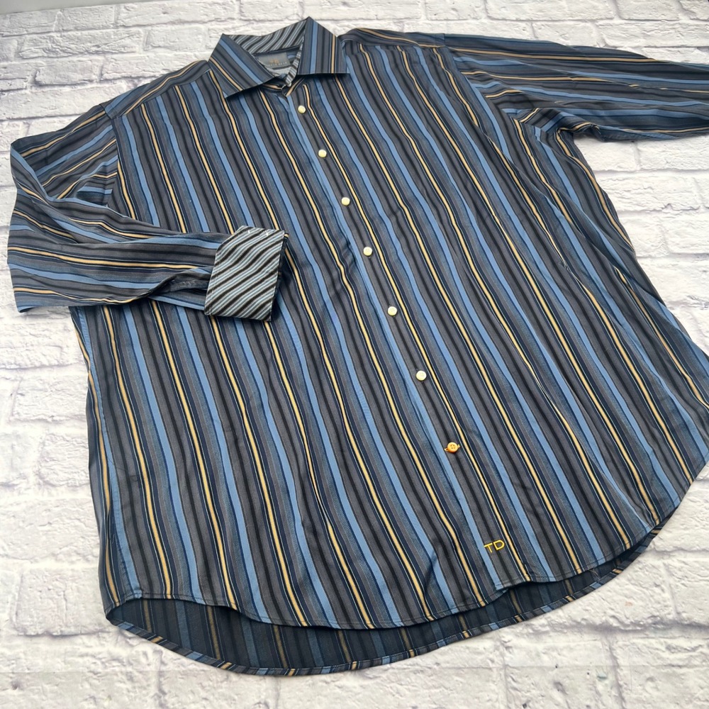 Thomas Dean Mens XXL Blue Grey Yellow Striped Long Sleeve Button Up Flip Cuff
